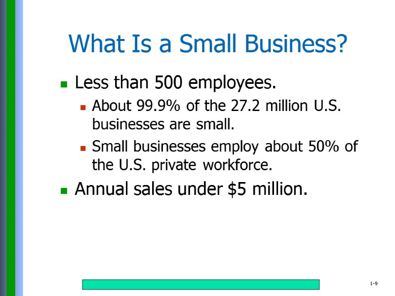 What Is a Small Business? Less than 500 employees. About 99.9% of the 27.2